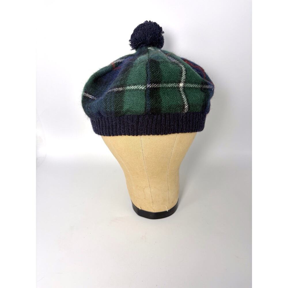 Scottish Lochcarron wool beanie hat Highlander plaid tam pom grn blu red wht NWT - Picture 2 of 9